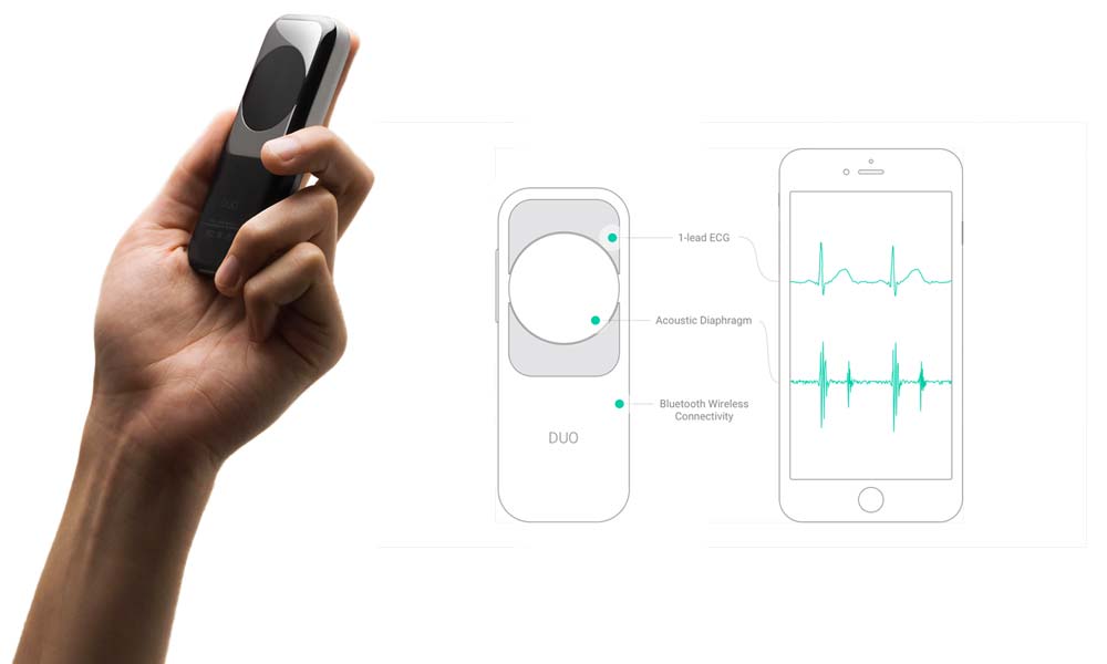 DUO combines EKG and electronic stethoscope technology into a portable, handheld device for insight into cardiac function. Photo courtesy Eko Devices