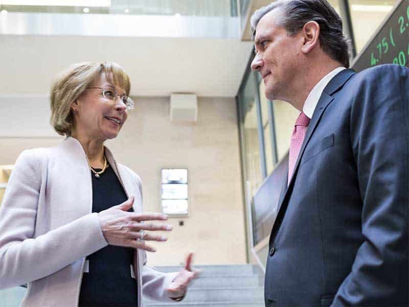Nancy McKinstry, CEO of Wolters Kluwer, talks with CFO Kevin Entricken. - Image courtesy Wolters Kluwer
