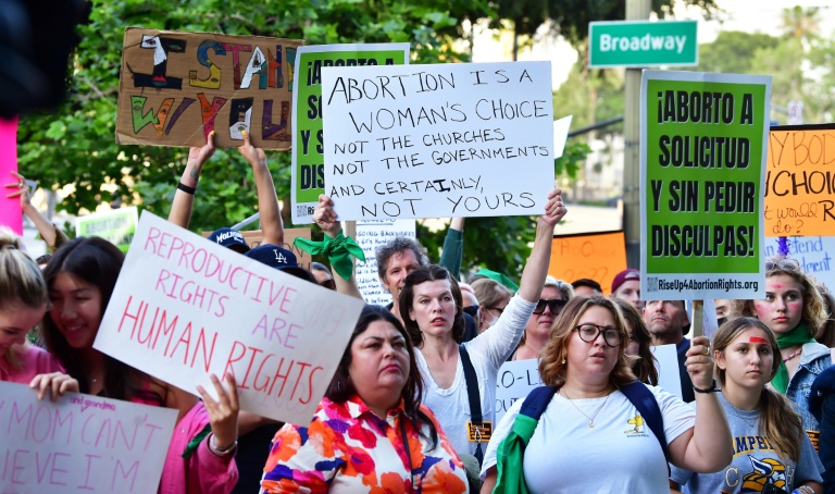 Abortion rights actvists gather outside the US Courthouse in downtown Los Angeles on May 3, 2022