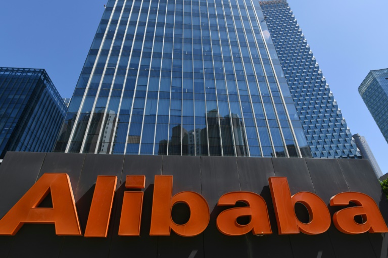 An Alibaba sign is seen outside the company's offices in Beijing