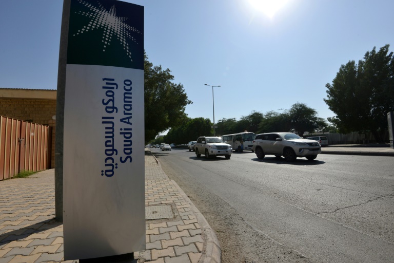A sign in front of Aramco's offices in the Saudi capital Riyadh