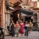 Tourists walk in the old city of Marrakesh, the city at the foot of the High Atlas mountain range