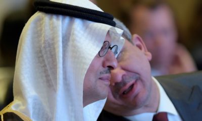 Saudi Energy Minister Abdulaziz bin Salman (L) and Iraqi Oil Minister Ihsan Abdul-Jabbar Ismail at a Middle East energy conference in the Bahraini capital Manama