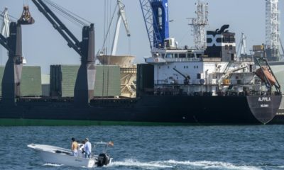 Finnish cargo-ship Alppila unloads 18,000 tonnes of grain from Ukraine for animal feed at A Coruna, Spain that was shipped via the Baltic Sea to circumvent Russia's Black Sea blockade.