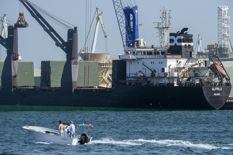 Finnish cargo-ship Alppila unloads 18,000 tonnes of grain from Ukraine for animal feed at A Coruna, Spain that was shipped via the Baltic Sea to circumvent Russia's Black Sea blockade.