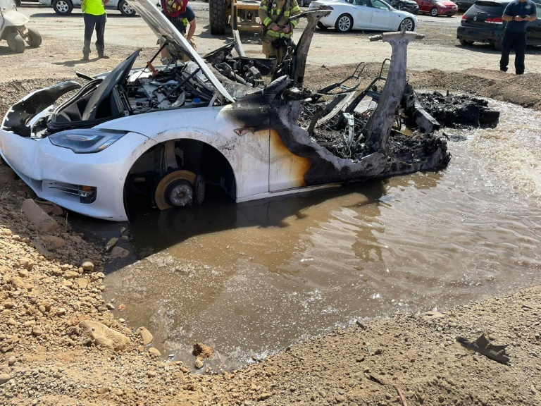 California firefighters ended up building a water-filled put to extinguish the flames in a Tesla electric car