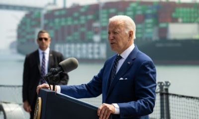 US President Joe Biden speaks about the economy and inflation from the deck of the USS Iowa at the Port of Los Angeles on June 10, 2022; record gas prices pose a major challenge with midterm elections only months away