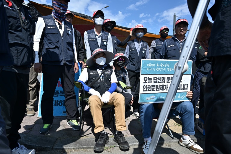 South Korean truck drivers protest outside a container port in Incheon, near Seoul