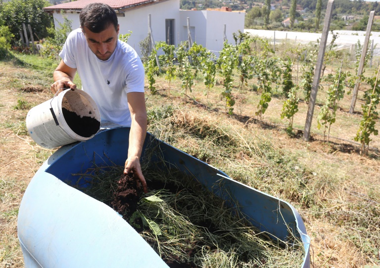 Albanian farmer Alban Cakalli can't afford chemical-based fertilisers imported from abroad