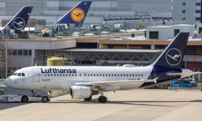 An Airbus A319 plane of the German Company Lufthansa stands at Frankfurt Airport; Lufthansa was named in a new Harvard report about social media greenwashing by fossil fuel interests