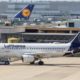 An Airbus A319 plane of the German Company Lufthansa stands at Frankfurt Airport; Lufthansa was named in a new Harvard report about social media greenwashing by fossil fuel interests