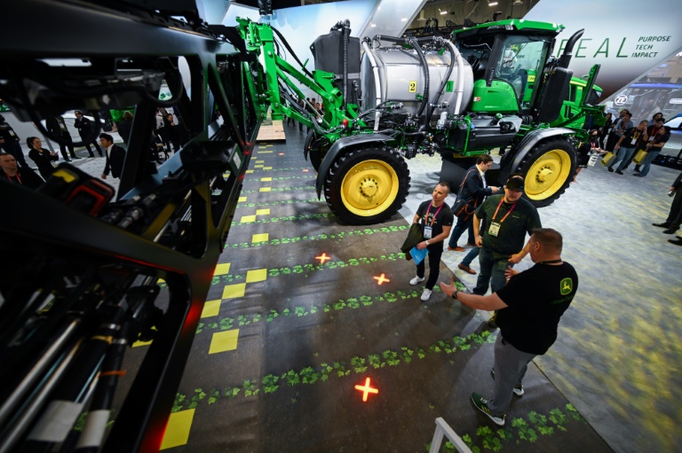 The new sprayers developed by agricultural giant John Deere, and displayed at the 2023 CES technology show in Las Vegas, Nevada, apply pesticides only where their cameras have detected weeds