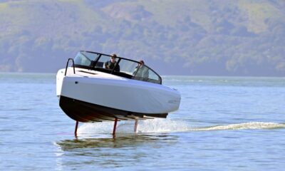 French sailor Tanguy de Lamotte, CEO of Candela US, drives the company's "flying" electric C-8 boat in Sausalito, California on February 8, 2023