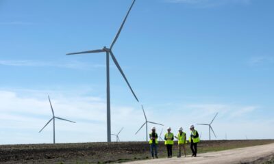 Employees of the French energy company Engie inspect wind turbines in a new project in Dawson, Texas, on February 28, 2023
