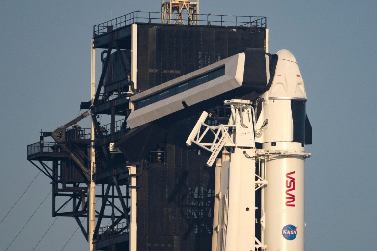 A SpaceX Falcon 9 rocket that is to fly Dragon Crew-6 to the International Space Station on the launch pad at the Kennedy Space Center in Florida