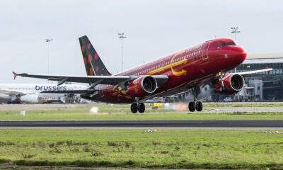 An aeroplane fueled by sustainable aviation fuel (SAF) taking off at Brussels Airport earlier this year