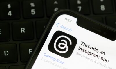 The Threads logo displayed on a cell phone in July 2023: the social media platform is now also available on the web