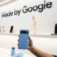 A Google Pixel 8 pro phone is displayed during a product launch event in New York