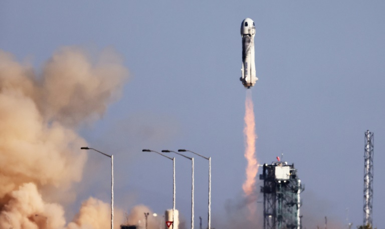 Blue Origin’s New Shepard lifts off from the launch pad carrying 90-year-old Star Trek actor William Shatner and three other civilians on October 13, 2021 near Van Horn, Texas