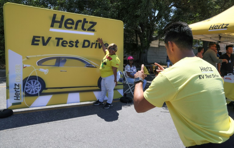 Hertz, which is shrinking its US electric vehicle fleet, said it is committed to education programs such as this EV test drive initiative last year at Los Angeles International Airport